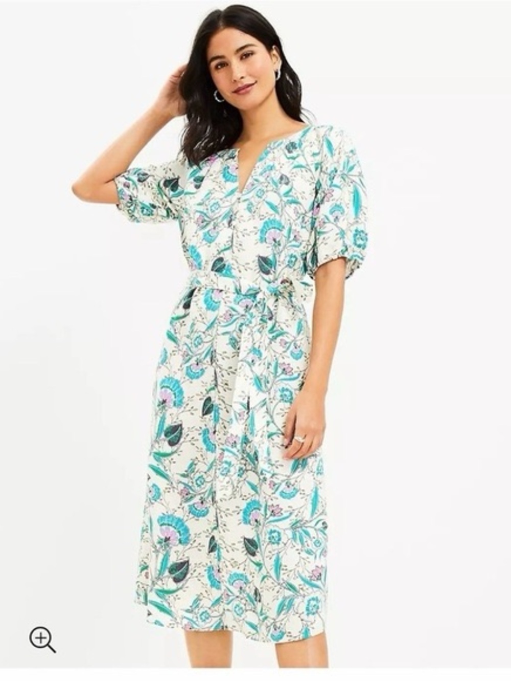 LOFT Floral V-Neck Puff-Sleeve Midi Dress in Cream, Teal, Pink Size Large Perite